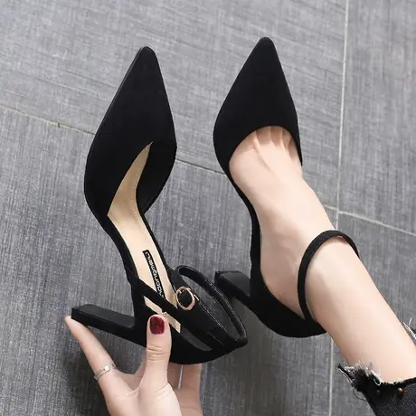 高跟鞋女粗跟2023新款春季法式少女百搭一字扣带中空尖头仙女单鞋图片