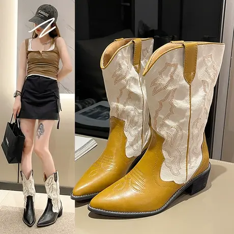 刺绣尖头靴子女2023新款复古长靴西部牛仔靴骑士高筒靴中筒靴秋冬图片