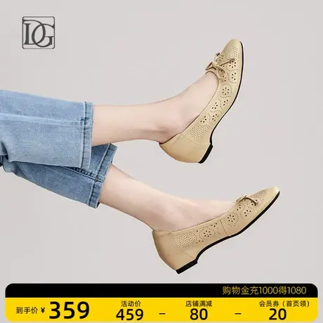 头层牛皮单鞋女夏2023新款百搭浅口坡跟蝴蝶结镂空女鞋平底鞋软底商品大图