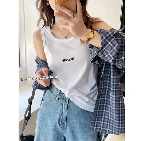 春夏新款气质简约字母印花白色小吊带背心女无袖打底衫棉质上衣潮商品大图