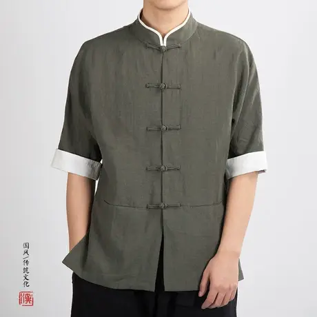 秋季中国风亚麻衬衣男宽松大码宽短袖棉麻青年唐装上衣盘扣衬衫图片