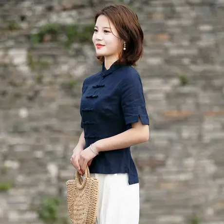 唐装女中国风夏装旗袍上衣对襟短袖素衣中式盘扣禅服茶服民国女装商品大图