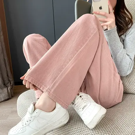 粉色阔腿牛仔裤女2023年春季新款高腰宽松显瘦糖果色窄版直筒长裤商品大图