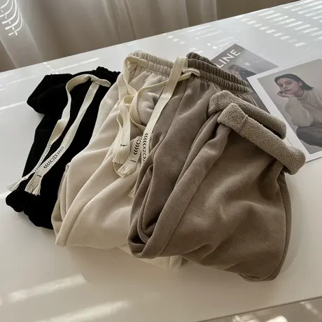 韩版高腰加绒运动裤女宽松加厚保暖直筒裤2022冬季新款居家休闲裤商品大图