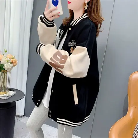 加绒加厚棒球服卫衣开衫女秋冬2022年新款宽松设计感洋气上衣外套商品大图