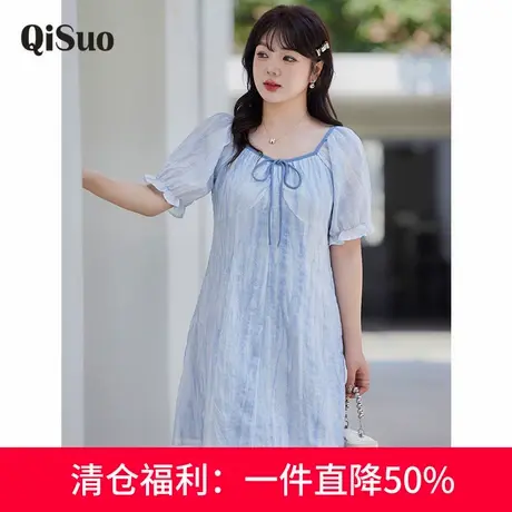 绮娑大码女装收腰A字短袖雪纺裙2024夏季新款藏肉显瘦胖MM连衣裙商品大图