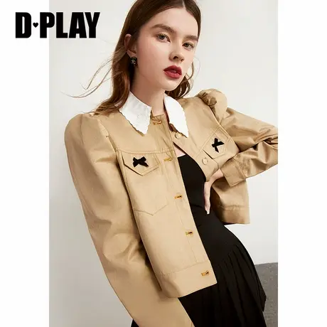 DPLAY德帕拉早秋款卡其色外套蝴蝶结装饰撞色领百搭上衣图片