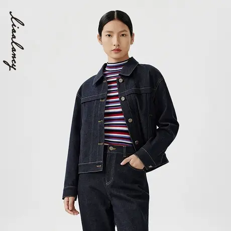 LANCY/朗姿春季新款休闲时尚牛仔外套女短款翻领宽松复古夹克图片