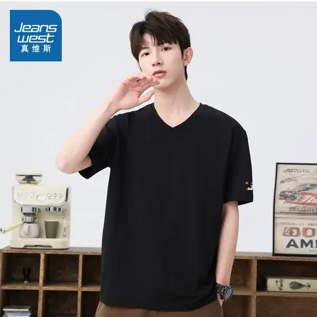 E8真维斯男装上衣2025夏季新款 时尚休闲男款简约百搭V领短袖T恤商品大图