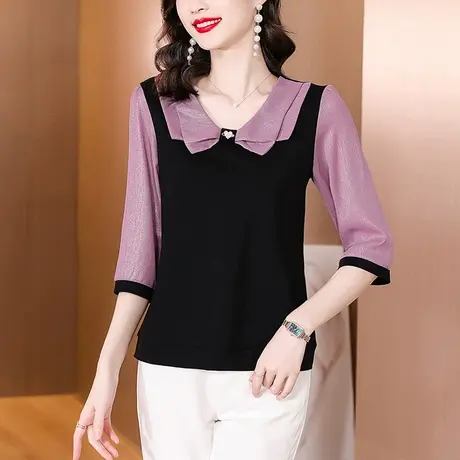 2023新款夏季五分袖上衣气质t恤时尚减龄妈妈装雪纺接拼女士小衫商品大图