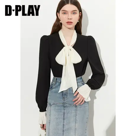 DPLAY2023秋新甜美优雅黑拼杏系带蝴蝶结泡泡袖通勤女士衬衫图片