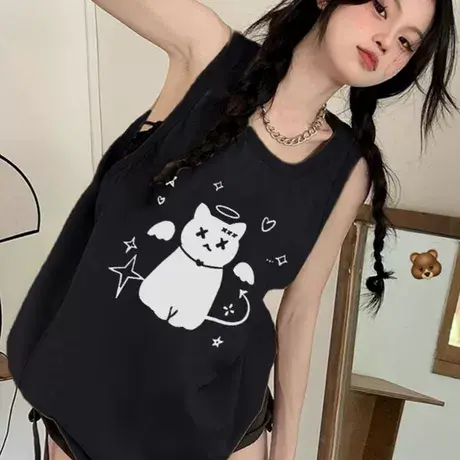 纯棉辣妹吊带运动坎肩背心无袖t恤女夏外穿慵懒风宽松篮球服上衣图片