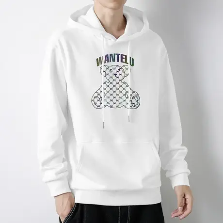 小熊卫衣男连帽外套2023新款秋冬加绒宽松潮流休闲带帽衫白色长袖商品大图