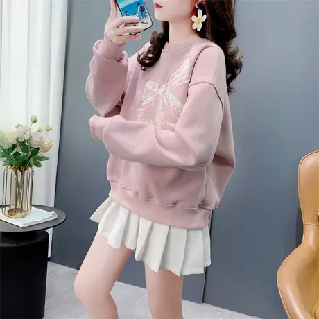 设计感亮片蝴蝶结加绒圆领卫衣女秋冬2024年新款洋气减龄加厚上衣图片