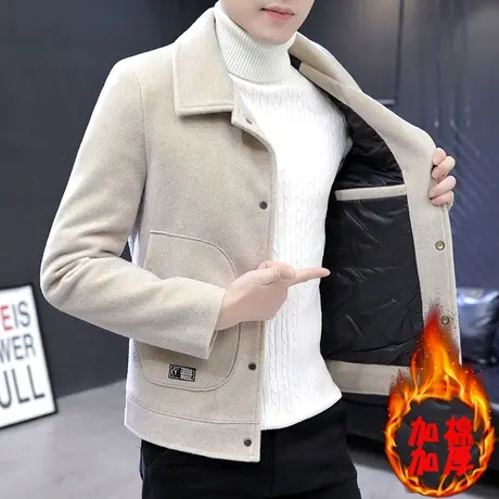 冬季加棉加厚仿水貂绒毛呢夹克男潮韩版修身帅气短款呢子风衣外套商品大图