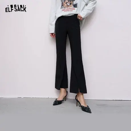 妖精的口袋黑色弹力高腰微喇裤子女2025年早秋新款开叉显瘦休闲裤商品大图
