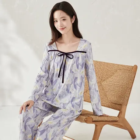 顶瓜瓜睡衣女士春秋季纯棉长袖长裤家居服套装系带印花宽松家居服商品大图