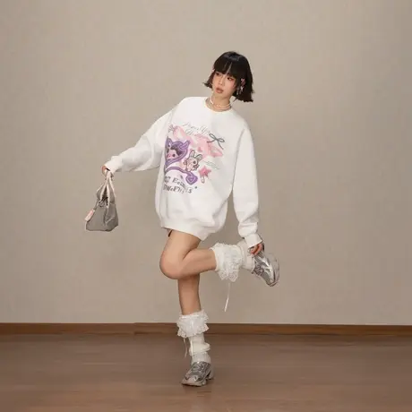 YEP潮牌卡通印花圆领卫衣女早秋新款设计感复古宽松套头无帽上衣商品大图