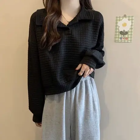 cec超火POLO领长袖卫衣女春秋季百搭宽松显瘦韩版短款薄款上衣服商品大图