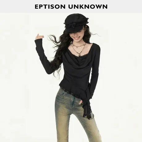 EPTISON长袖T恤女2025冬新款复古辣妹不规则荷叶边设计感黑色上衣图片