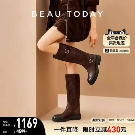 BeauToday长筒靴女款秋季BT复古骑士靴厚底咖色靴子西部牛仔靴女商品大图
