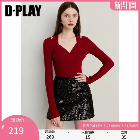DPLAY2025年秋季新款红色针织衫女独特亮丝修身打底衫长袖上衣图片
