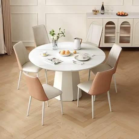 全友家居法式奶油风钢化玻璃圆形餐桌客厅吃饭桌子椅子组合商品大图