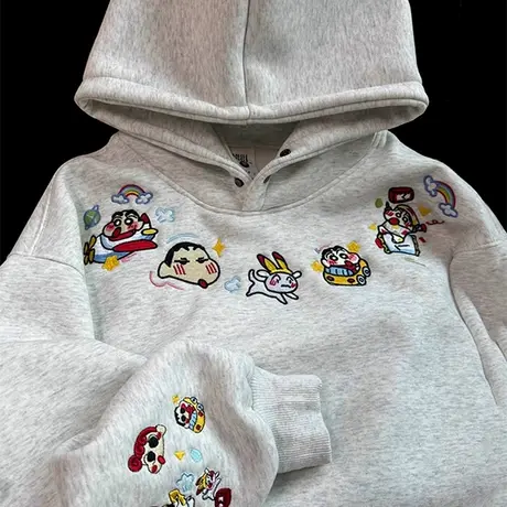 美式oversize春秋薄款连帽卫衣女蜡笔小新刺绣秋季设计感小众上衣商品大图