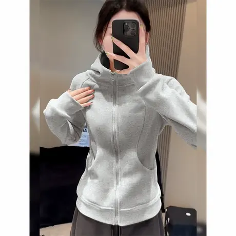 NOW真维斯灰色连帽卫衣女2025新款早秋运动收腰上衣修身开衫外套商品大图
