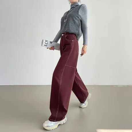 酒红色牛仔弯刀裤女秋季新款高腰宽松显瘦垂感明线拼接阔腿直筒裤商品大图
