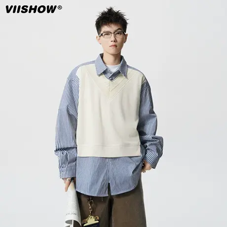 VIISHOW美式条纹长袖衬衫男2025秋季潮牌宽松休闲针织假两件外套商品大图