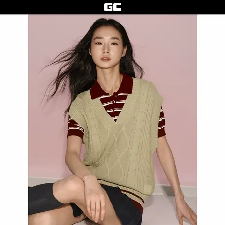 GC2025秋冬新款男女同款纯棉扭花美式学院风V领针织马甲12055603商品大图