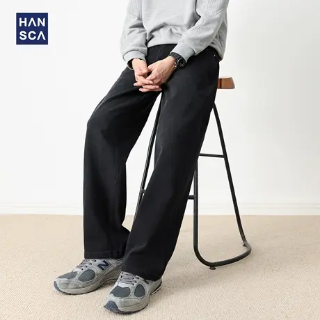 hansca美式复古弹力黑色牛仔裤男2025新款秋季直筒宽松青少年长裤商品大图
