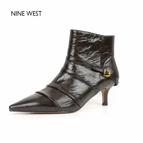 奥莱专供Nine West/玖熙小尖头褶皱真皮瘦瘦靴切尔西女靴高跟短靴图片