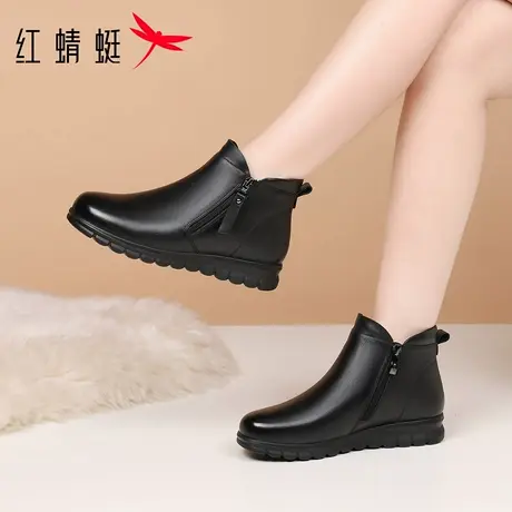 红蜻蜓冬季女鞋女士平底靴子女短靴真皮加绒加厚高帮妈妈棉靴皮鞋图片