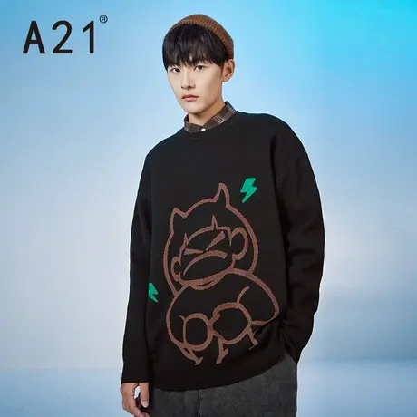 A21outlets冬季男装宽松圆领落肩长袖毛衣潮时尚图案百搭休闲线衫图片