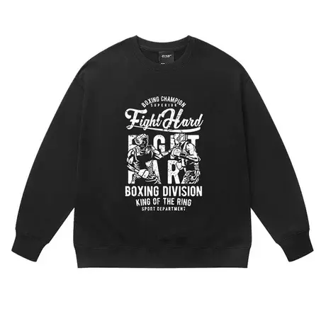 美式vintage街头嘻哈圆领卫衣男潮牌拳击比赛宽松黑色长袖上衣潮商品大图