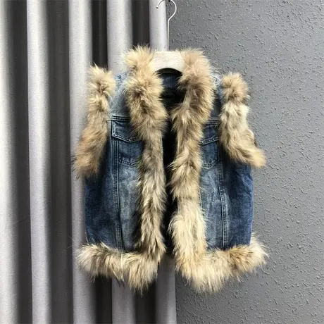 欧货潮流百搭牛仔上衣女23秋季新款狐狸毛拼接韩版小众背心马甲潮商品大图
