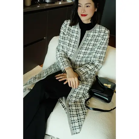 23秋冬新款女装小香风复古优雅重工钉珠粗花呢女士中长款外套风衣图片