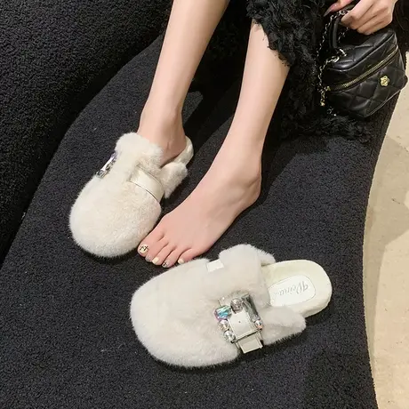 毛毛拖鞋女外穿2023新款时尚水钻包头半拖鞋女鞋子秋冬季平底棉拖商品大图