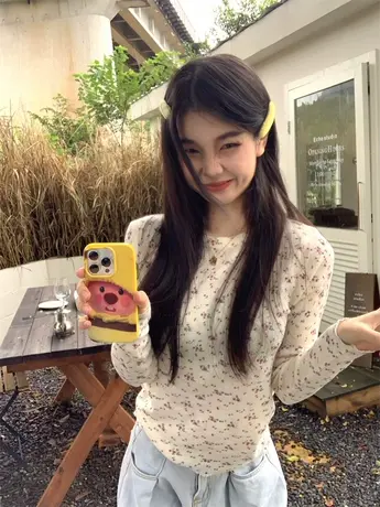 法式小清新碎花正肩长袖t恤女春秋bm风短款打底修身甜辣妹上衣图片