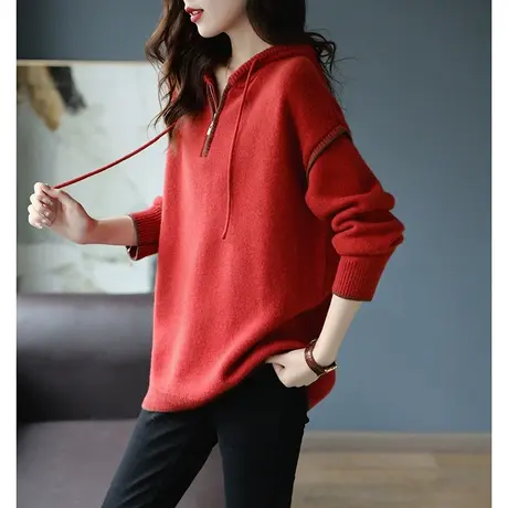 宝诗黎2023抽绳连帽落肩羊毛毛衣女秋新款休闲宽松长袖慵懒针织衫商品大图