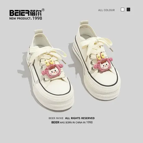 蓓尔韩版卡通帆布鞋女2023新款百搭女学生跑步板鞋透气厚底休闲鞋商品大图
