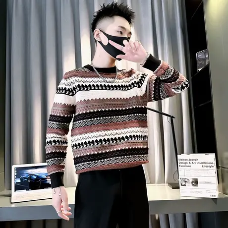 民族风轻熟提花毛衣男秋冬季新款宽松加厚潮牌打底针织衫冬装线衣商品大图