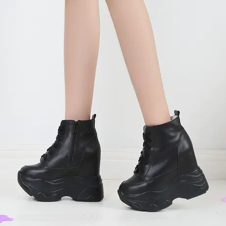 马丁靴女厚底真皮高帮内增高短靴子2023冬季加绒棉鞋坡跟圆头单鞋图片