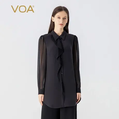 VOA30姆米重磅桑蚕丝黑色POLO领衬衫袖单排扣活页装饰真丝衬衫女图片