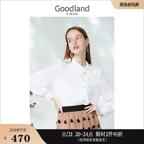 Goodland美地女装2023春季荷叶边娃娃领质感公主袖衬衫上衣商品大图