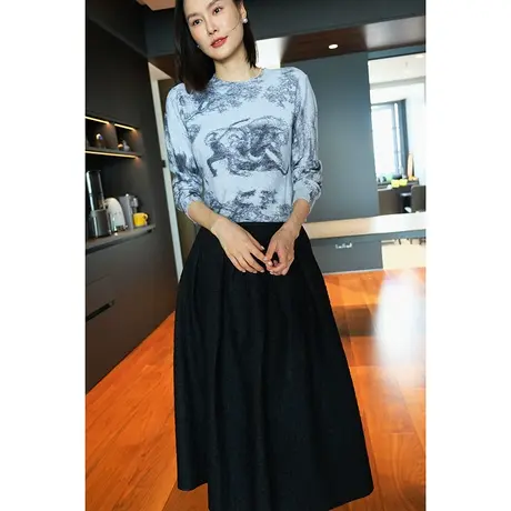 2023秋冬新款女装复古水墨画高端轻奢长袖套头打底羊绒女士针织衫商品大图