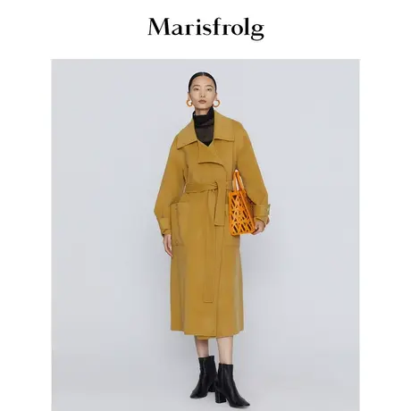 【意大利纺纱工艺】玛丝菲尔冬季新款深咖色宽松收腰翻领毛呢外套商品大图