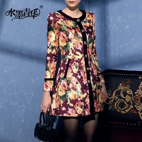 水墨青华2024春装新款修身气质时尚优雅气质花色粗格呢外套图片